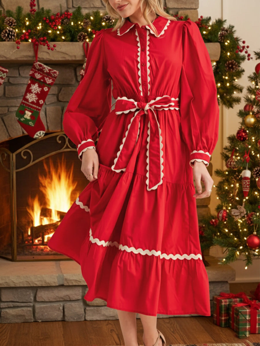 Women's ribbon contrast solid color long-sleeved cotton dress