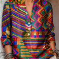 Women's Abstract Colorful Geometric Painting Art Print Casual Cotton And Linen Shirt