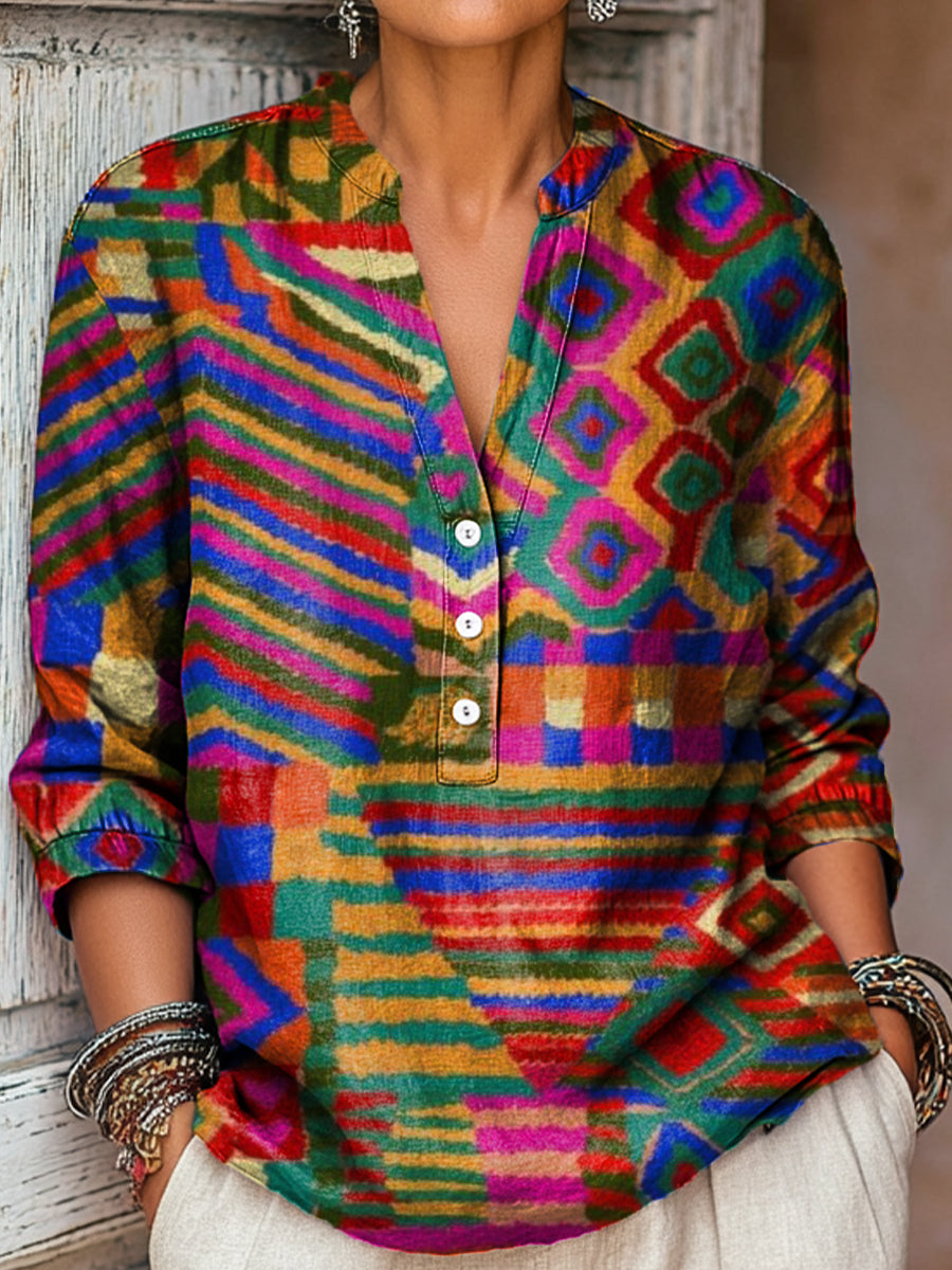 Women's Abstract Colorful Geometric Painting Art Print Casual Cotton And Linen Shirt