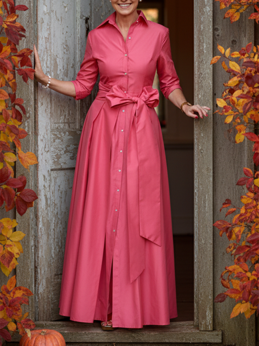 Women's Elegant Solid Color Lapel Bow Cotton Maxi Dress