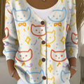 Colorful Lines Cat Print Buttoned V-neck Cardigan Sweater