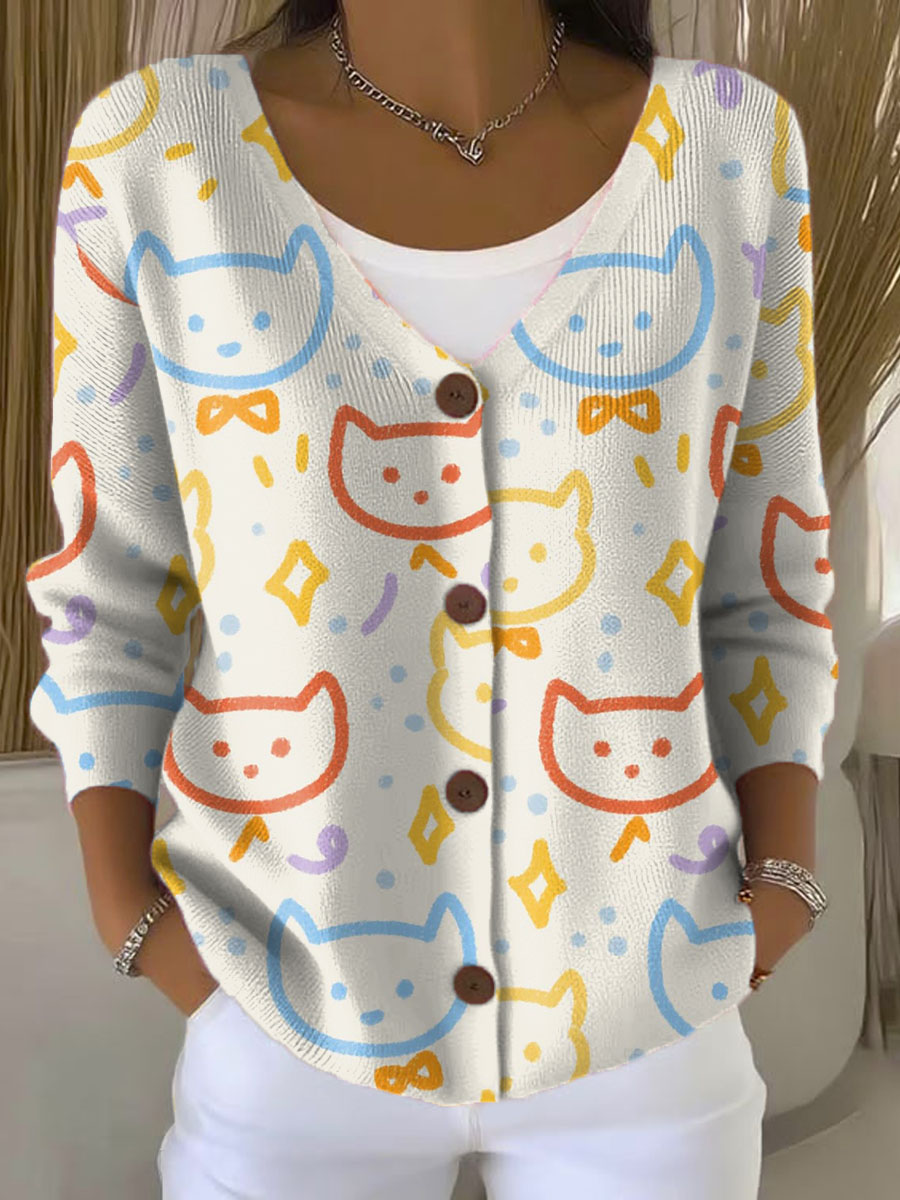 Colorful Lines Cat Print Buttoned V-neck Cardigan Sweater