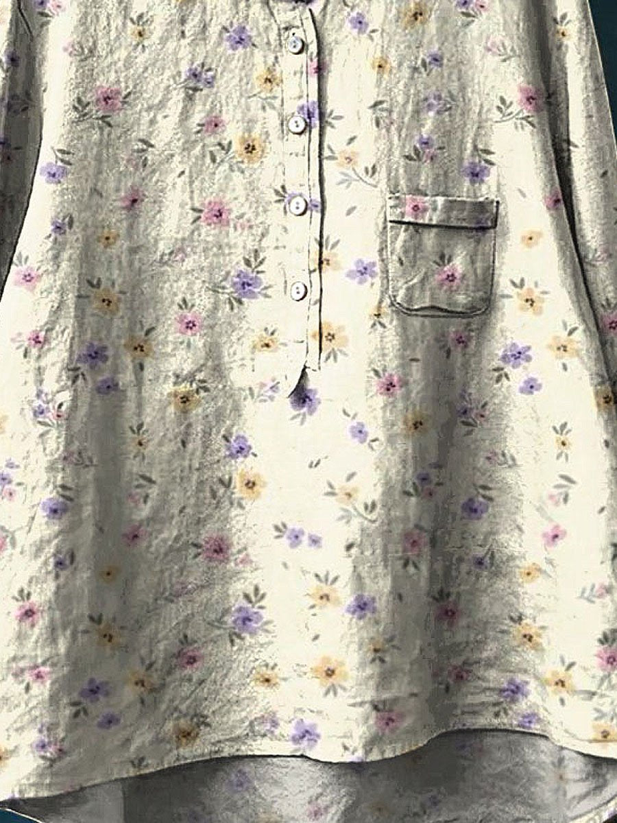Women's Vintage Floral Art Print Casual Cotton And Linen Shirt