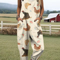 Women's Hand Drawn Chicken Illustration Art Print Casual 100% Cotton Wide Leg Jumpsuit