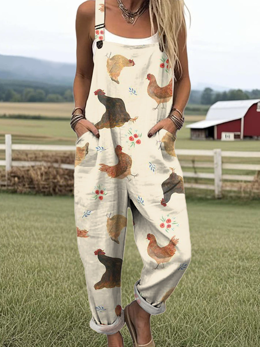Women's Hand Drawn Chicken Illustration Art Print Casual 100% Cotton Wide Leg Jumpsuit