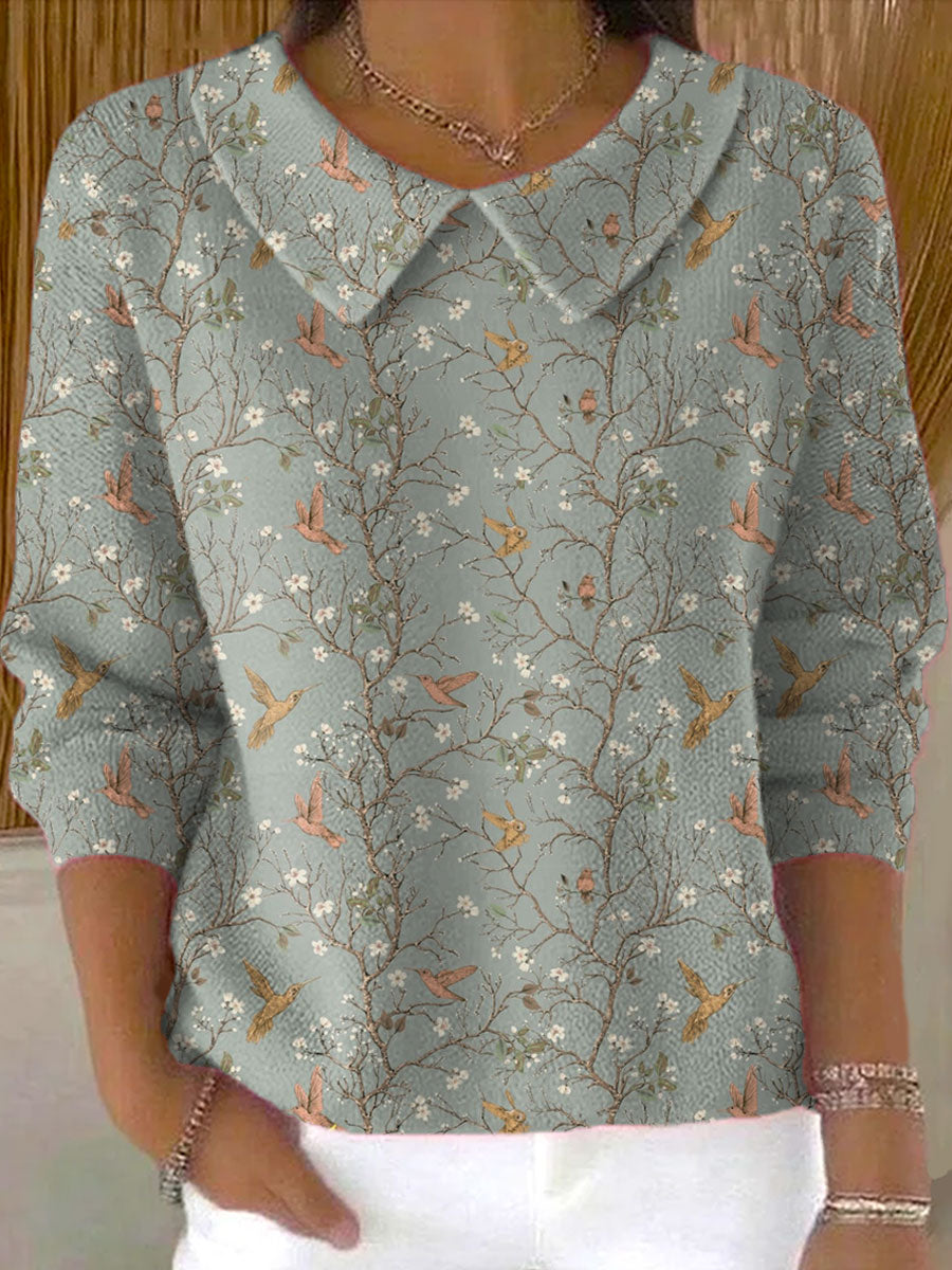 womens-vintage-flower-art-print-casual-peter-pan-collar-3-4-sleeve-sweater-hudc