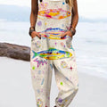 Women's Vintage Fish Art Print Casual 100% Cotton Wide Leg Jumpsuit