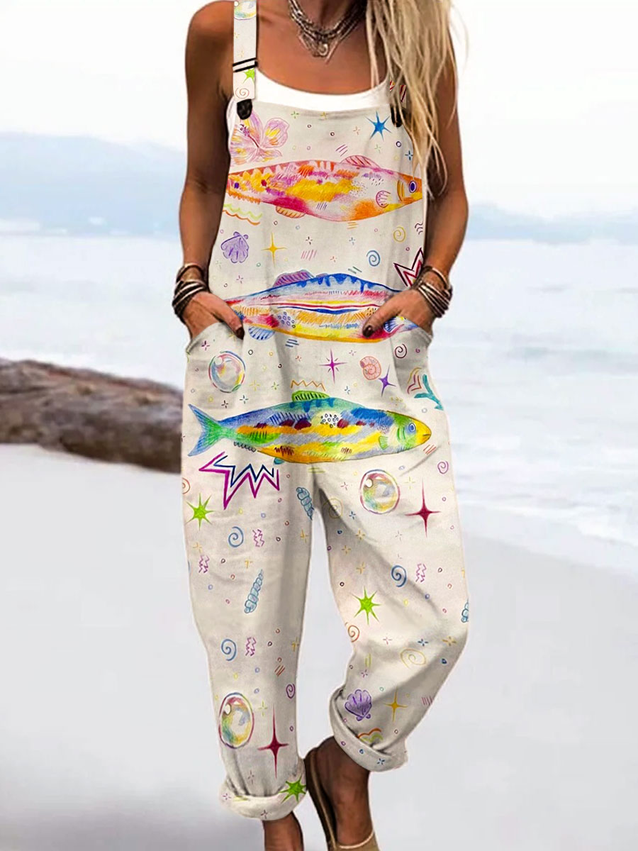 Women's Vintage Fish Art Print Casual 100% Cotton Wide Leg Jumpsuit