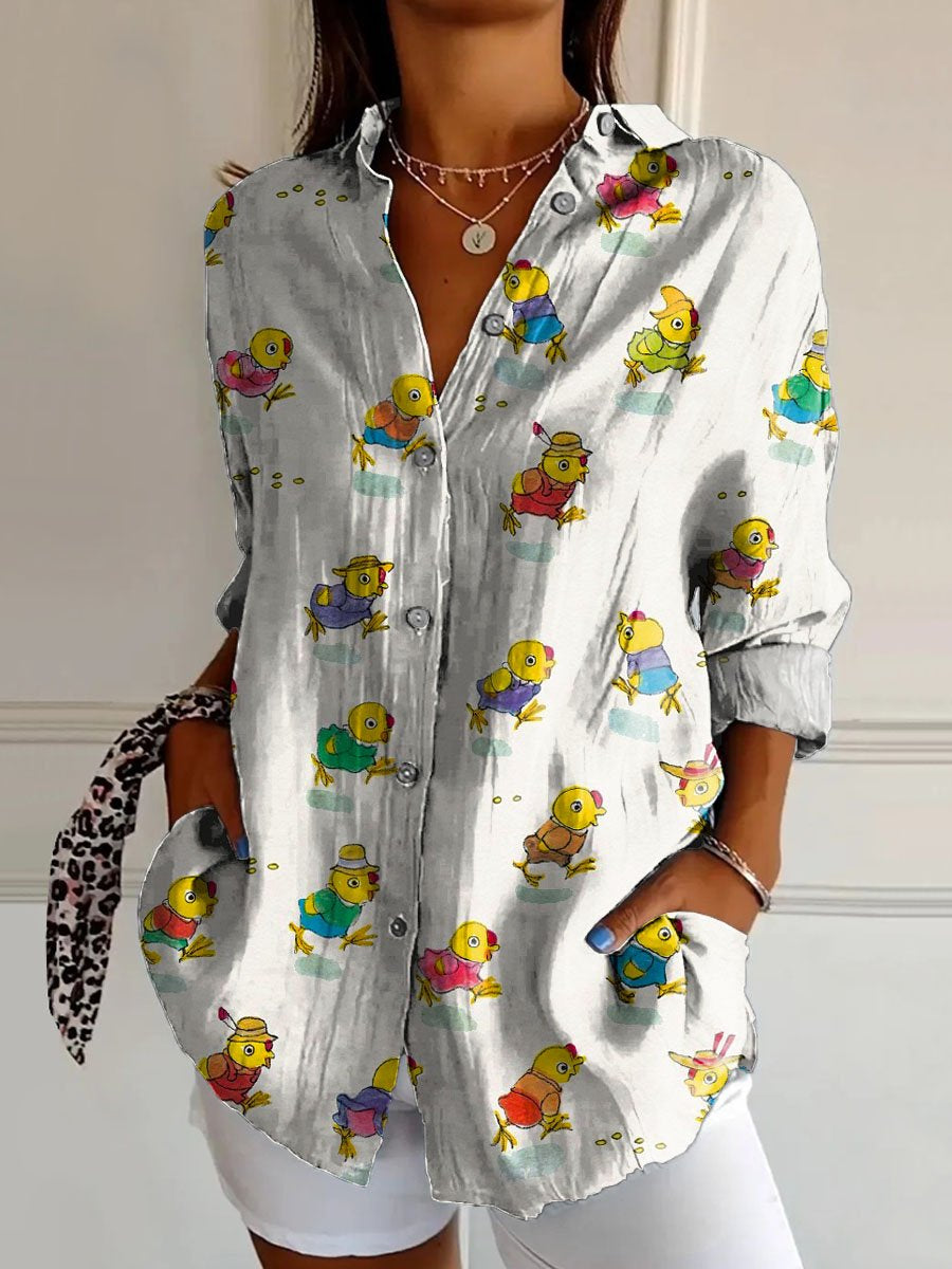 Women's Vintage Lovely Ducks Art Print Casual Cotton Shirt