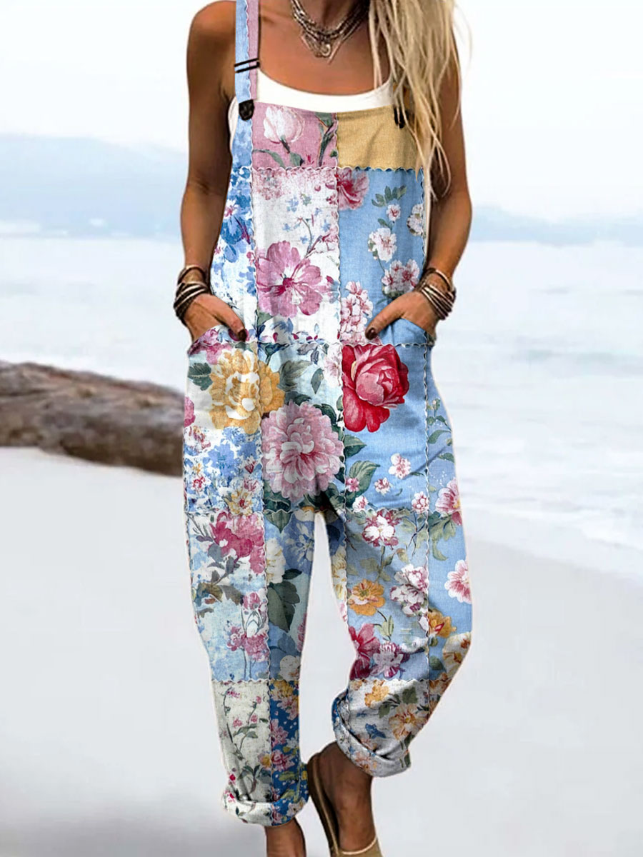 Women's Vintage Abstract Mosaic Flowers Art Print Casual 100% Cotton Wide Leg Jumpsuit