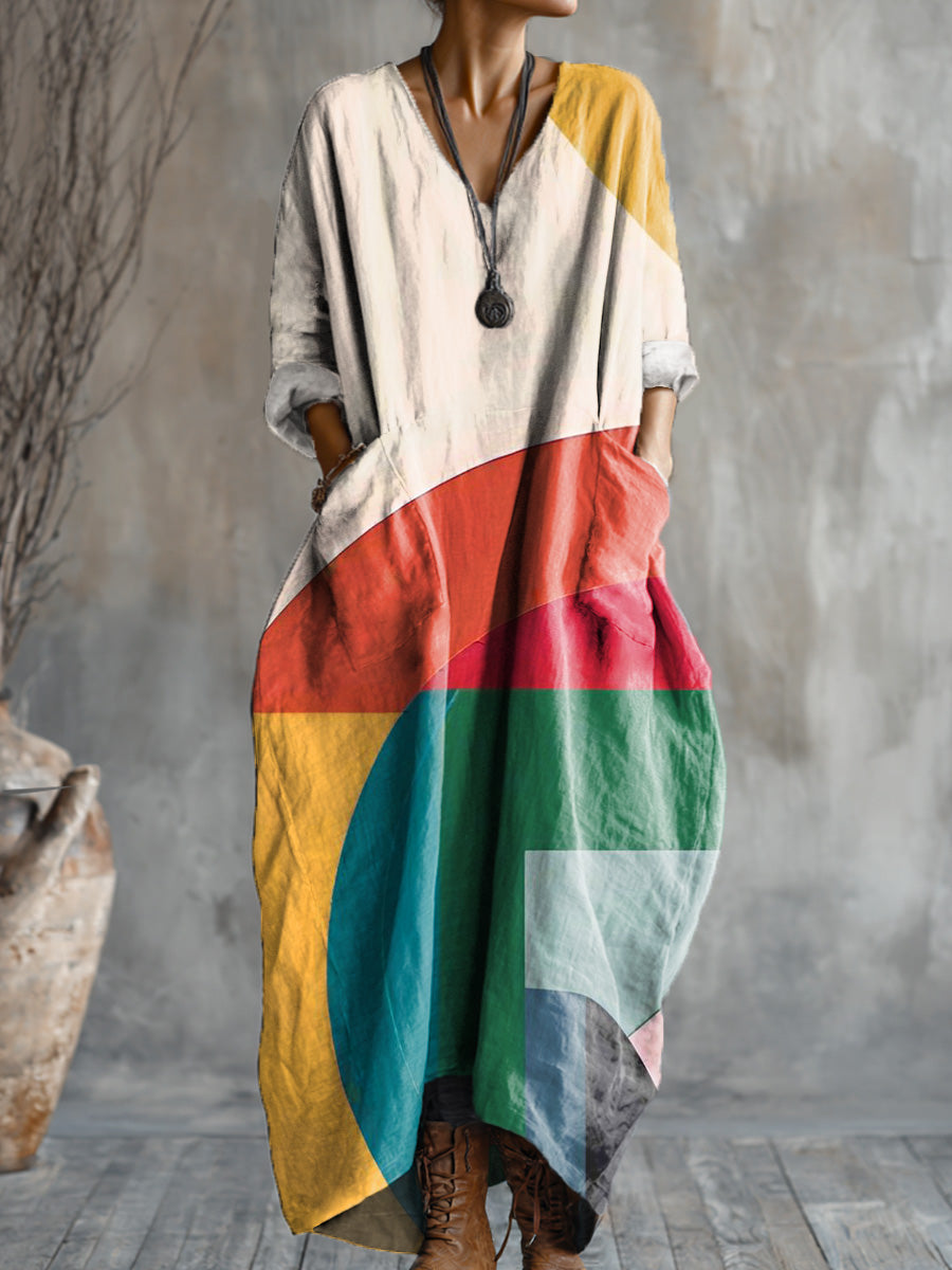 Women's Abstract Colorful Geometric Color Block Painting Art Print  Pocket V-neck Cotton Dress