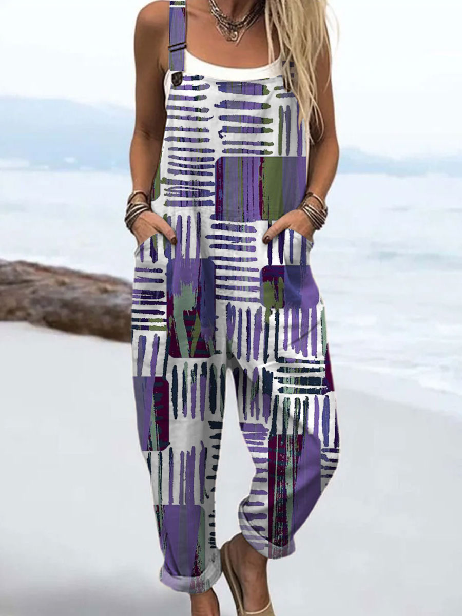 Women's  Vintage Abstract Geometry Art Print Casual 100% Cotton Wide Leg Jumpsuit