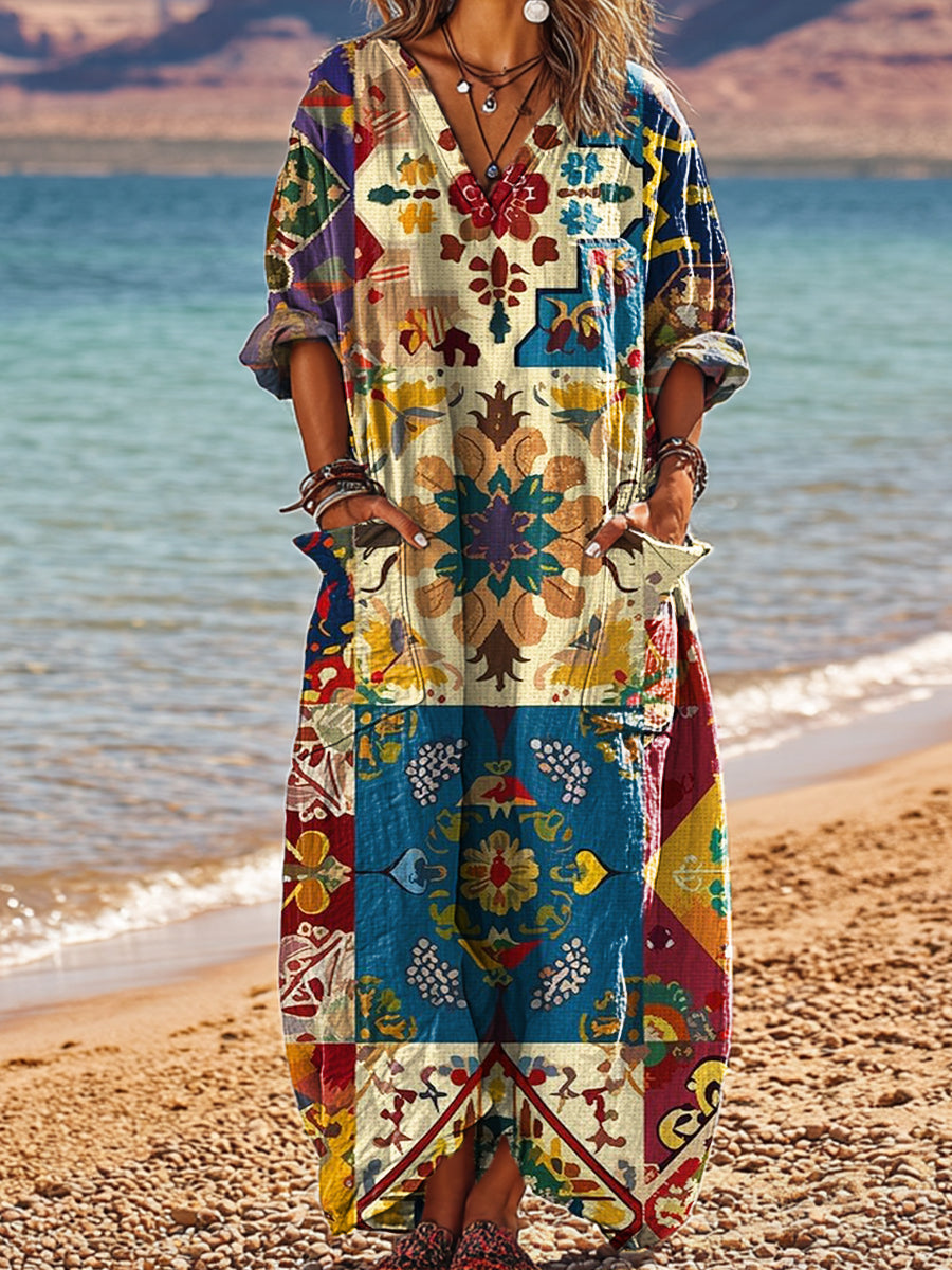 Women's Vintage Ethnic Colorful Geometric Art Print Pocket V-neck Cotton Dress