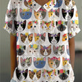 Women's Vintage Lovely Cats Floral Art Print Casual Cotton And Linen Shirt