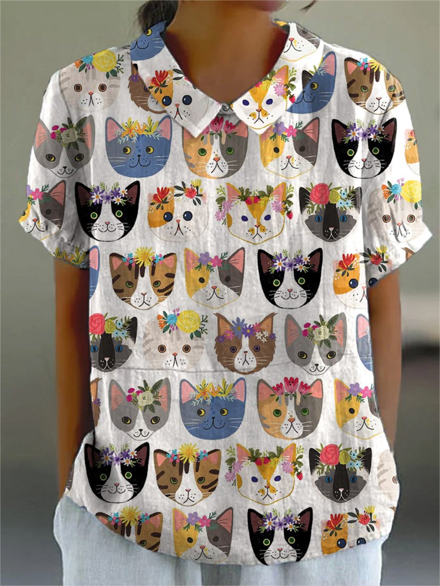Women's Vintage Lovely Cats Floral Art Print Casual Cotton And Linen Shirt