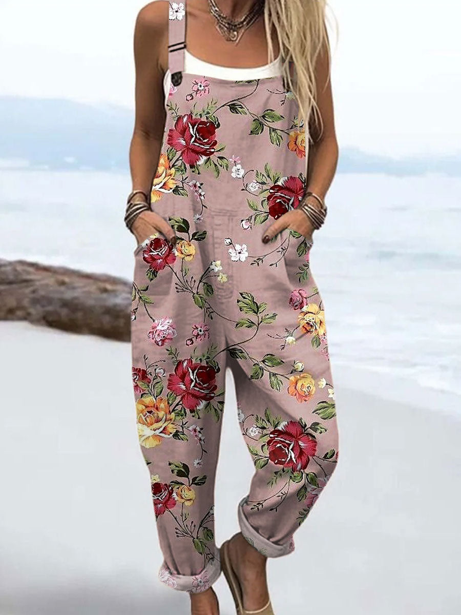 Women's Vintage Floral Art  Print Casual 100% Cotton Wide Leg Jumpsuit