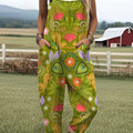 Women's  Vintage Flower Tiger Art Print Casual 100% Cotton Wide Leg Jumpsuit