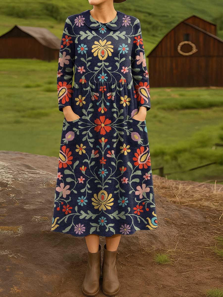 Women's Vintage Floral Pattern Art Print Cotton Lapel Shirt Dress