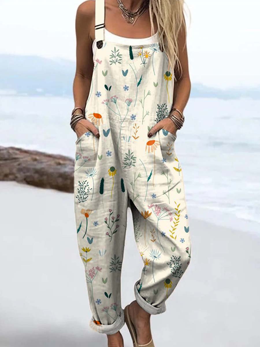 Women's Vintage Floral Art Print Casual 100% Cotton Wide Leg Jumpsuit