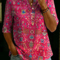 Women's Flower Print Classic 100% Cotton Henley T-shirt