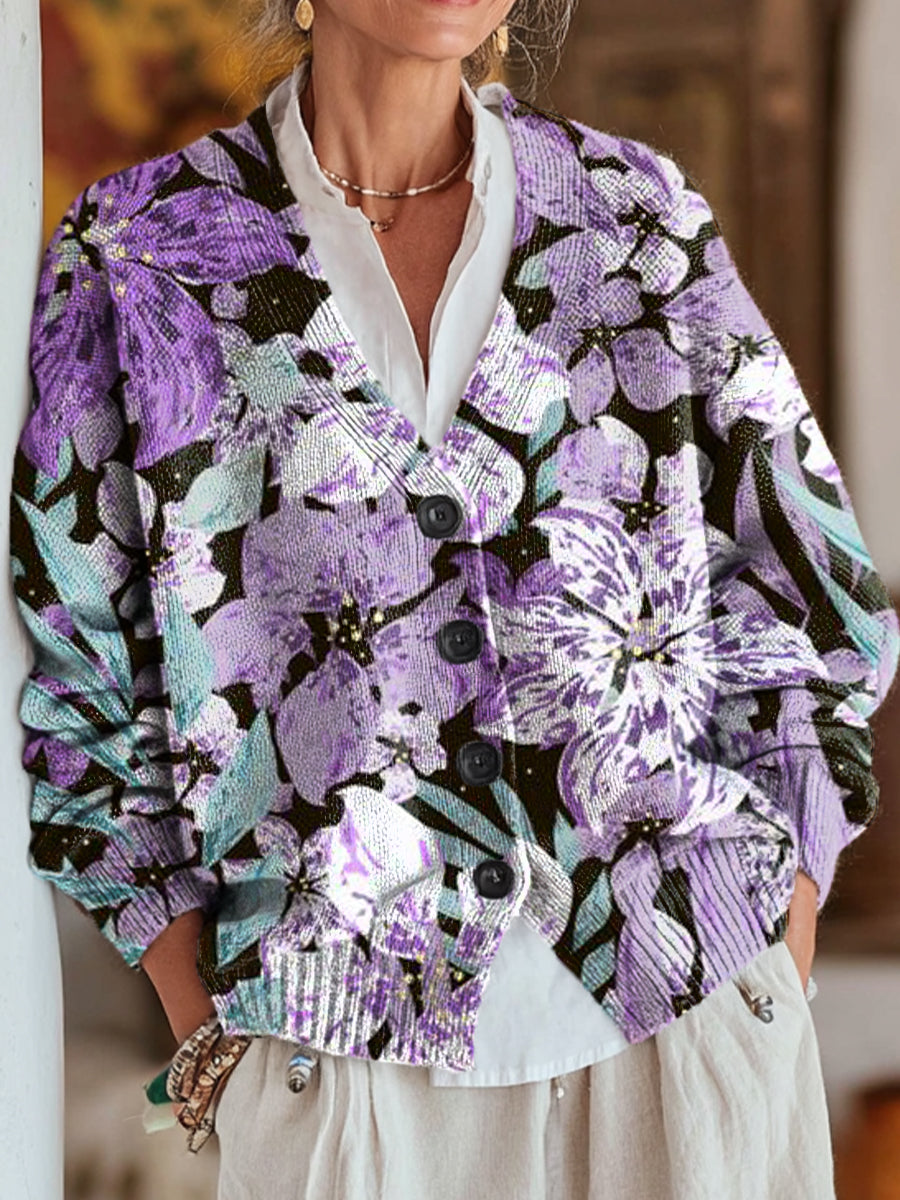 beautiful-large-flower-painting-art-print-buttoned-v-neck-cardigan-sweater-jk39