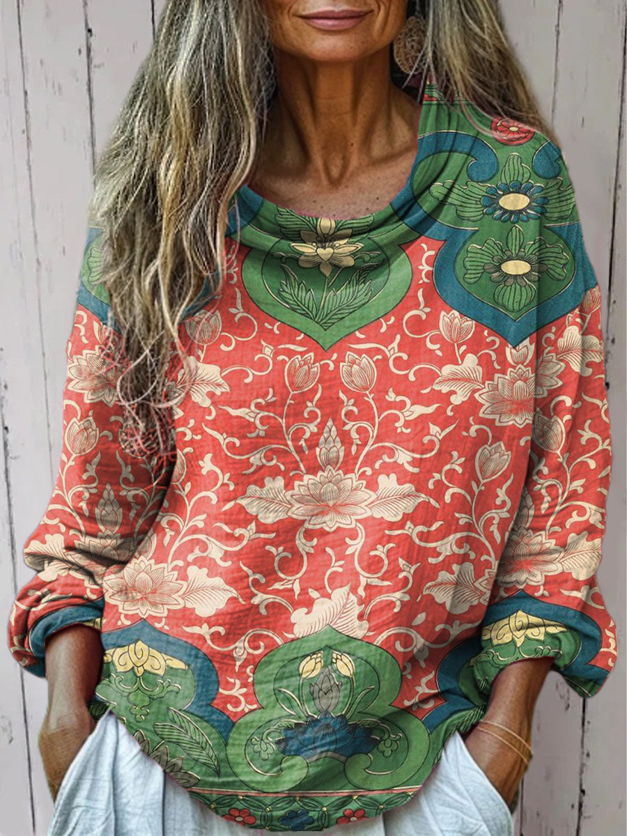 Women's Vintage Floral Art Print Casual Long Sleeve Comfortable Cotton Shirt