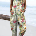 Women's Vintage Lovely Floral Art Print Casual 100% Cotton Wide Leg Jumpsuit