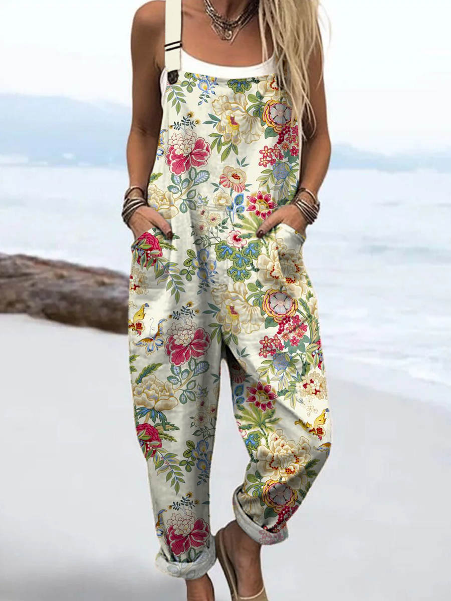 Women's Vintage Lovely Floral Art Print Casual 100% Cotton Wide Leg Jumpsuit