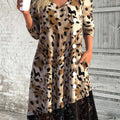 Dark Coffee Patchwork Leopard A Line Long Sleeve Dress