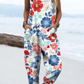 Women's Colourful Art Flowers Print Casual 100% Cotton Wide Leg Jumpsuit