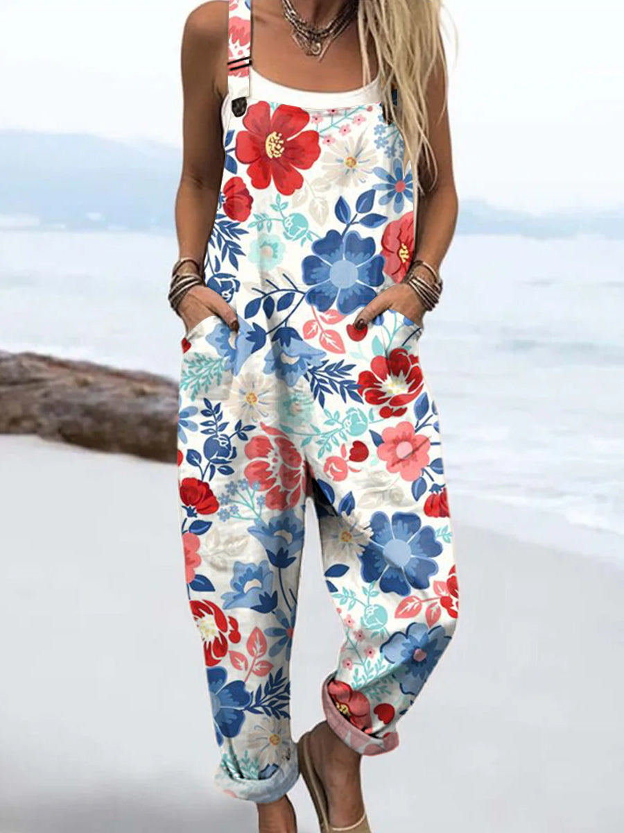 Women's Colourful Art Flowers Print Casual 100% Cotton Wide Leg Jumpsuit
