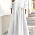 Cotton And Linen Casual Short Sleeve Pocket Pleated Loose Round Neck Dress