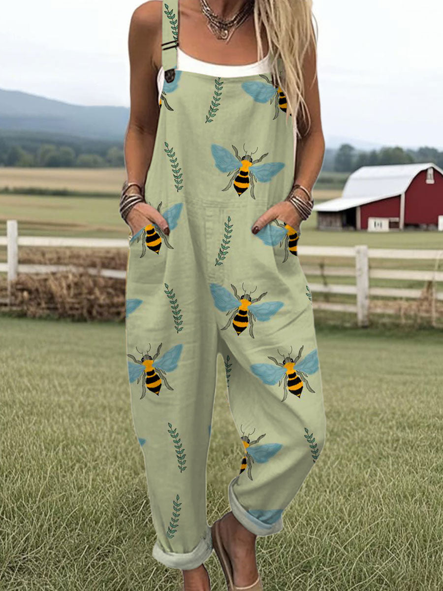 Women's  Vintage  Bee Flowers Art Print Casual 100% Cotton Wide Leg Jumpsuit