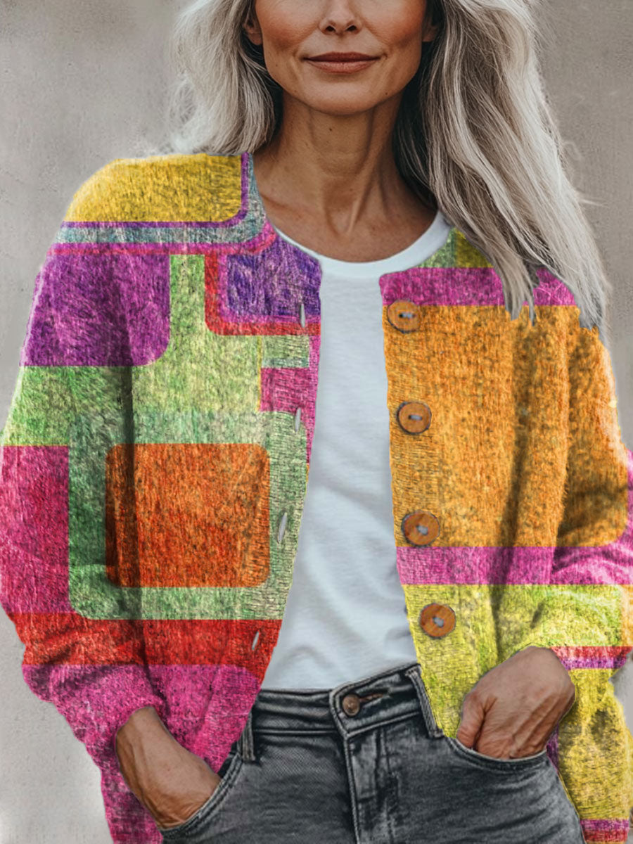 geometry-splicing-color-casual-print-buttoned-cardigan-sweater