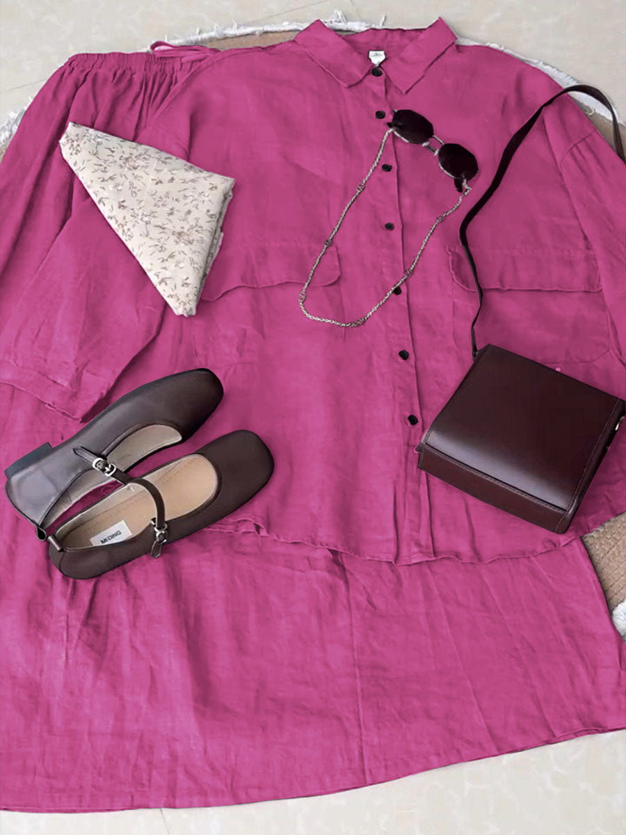 Women's Lapel Three-quarter Sleeves Solid Color Loose Tops Elastic Waist Casual Tie Skirt Set