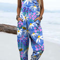 Women's Fashion Floral and Bee Art Print Casual 100% Cotton Wide Leg Jumpsuit