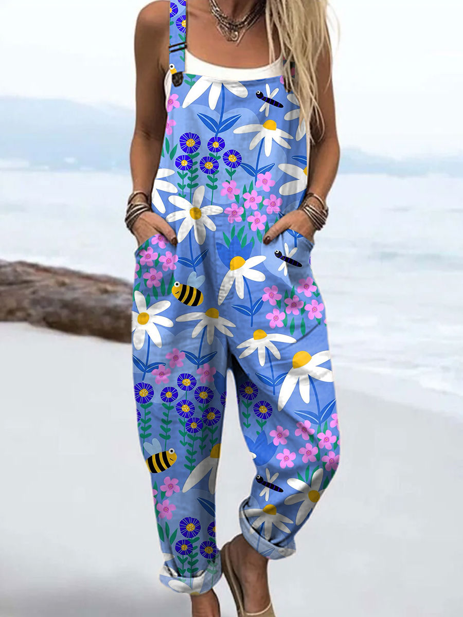 Women's Fashion Floral and Bee Art Print Casual 100% Cotton Wide Leg Jumpsuit