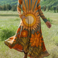 Women's Vintage Flower Art Print Long-sleeved Dress