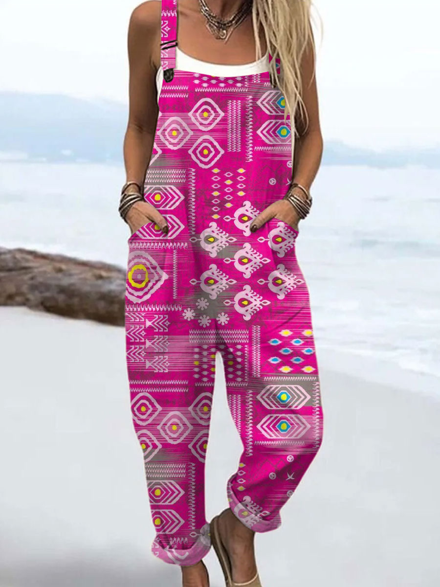 Women's  Vintage Abstract Geometric Art Print Casual 100% Cotton Wide Leg Jumpsuit