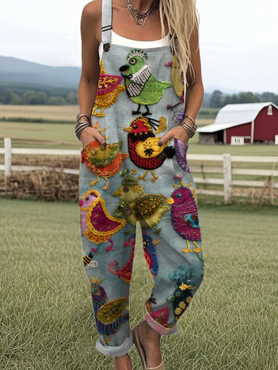 Women's Funny Chick Art Print Casual 100% Cotton Wide Leg Jumpsuit