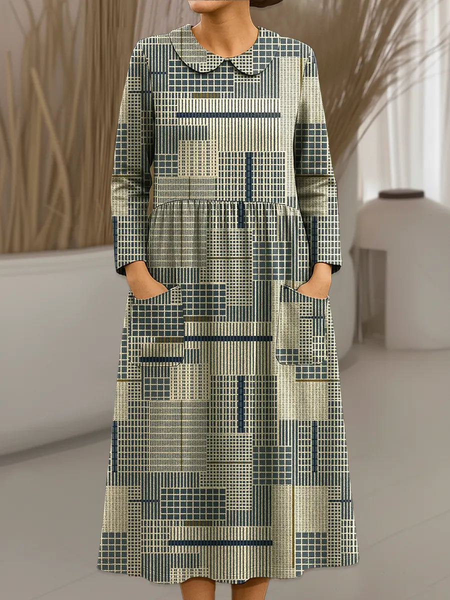 Women's Vintage Abstract Geometry Pattern Art Print Cotton Lapel Shirt Dress