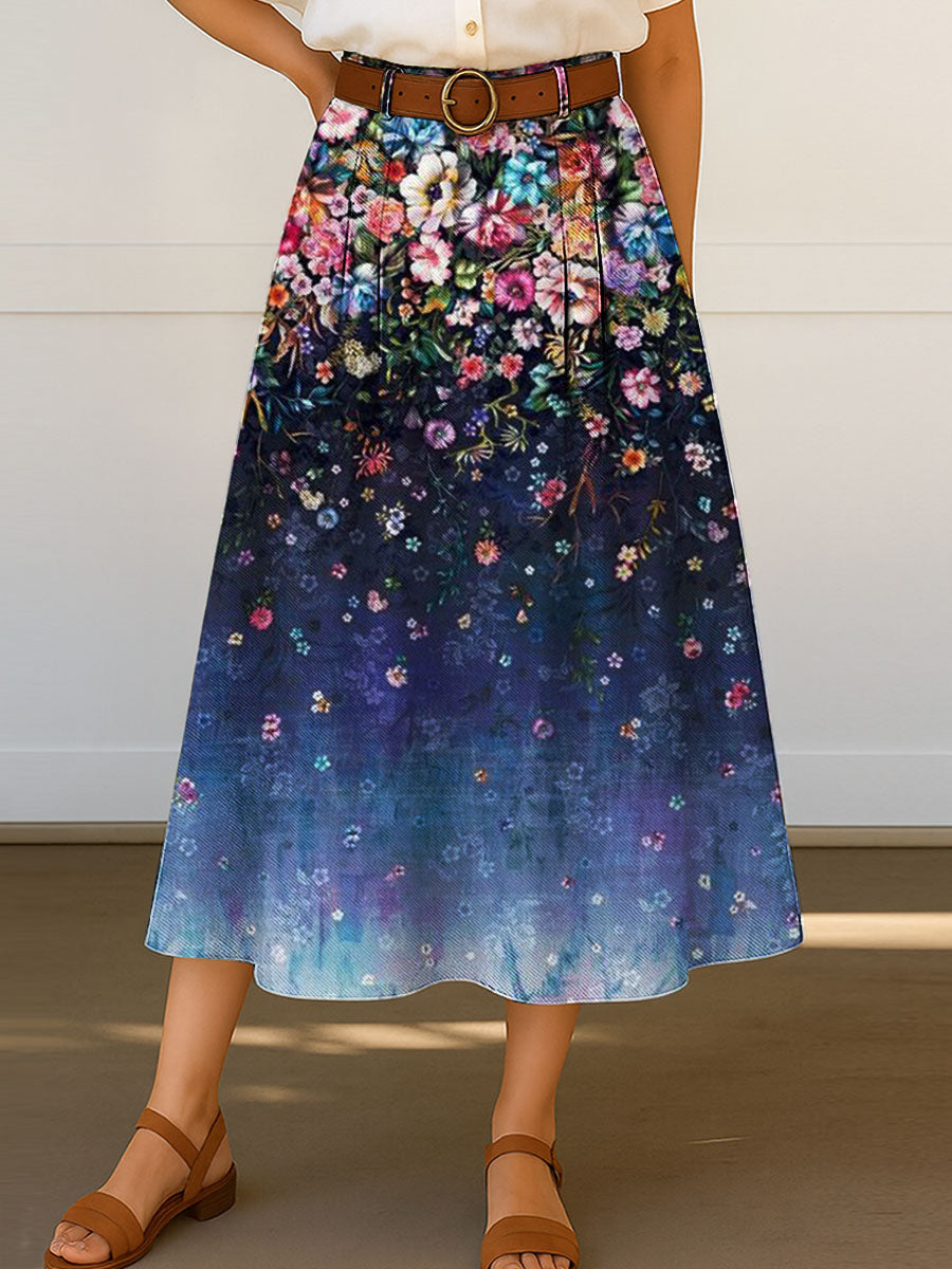 Women's Retro Flowers Floral Gradient Pattern Print High Waist Casual A-Line Skirt