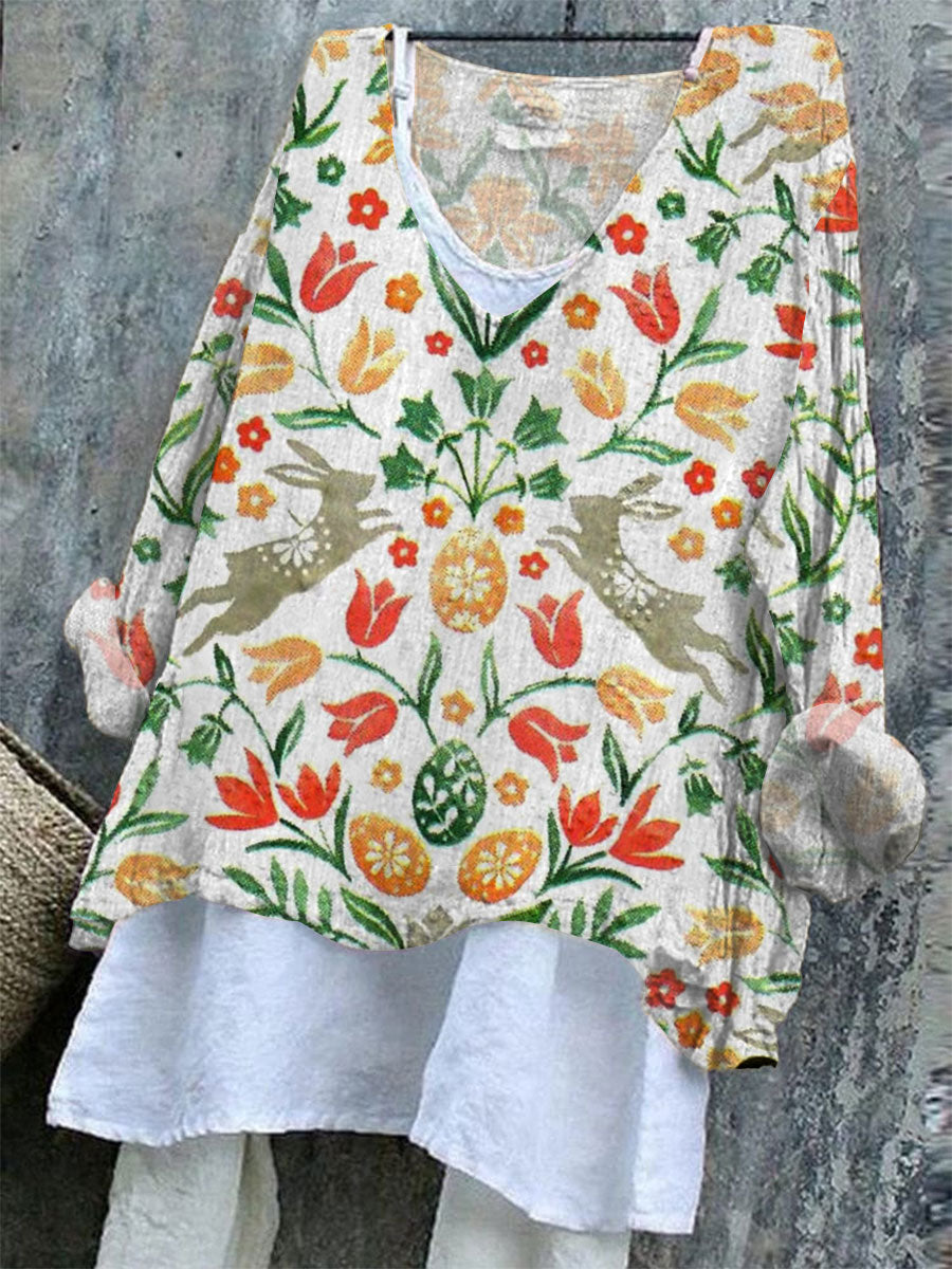 Women's   Easter Bunny Art Print Casual Cotton And Linen Shirt