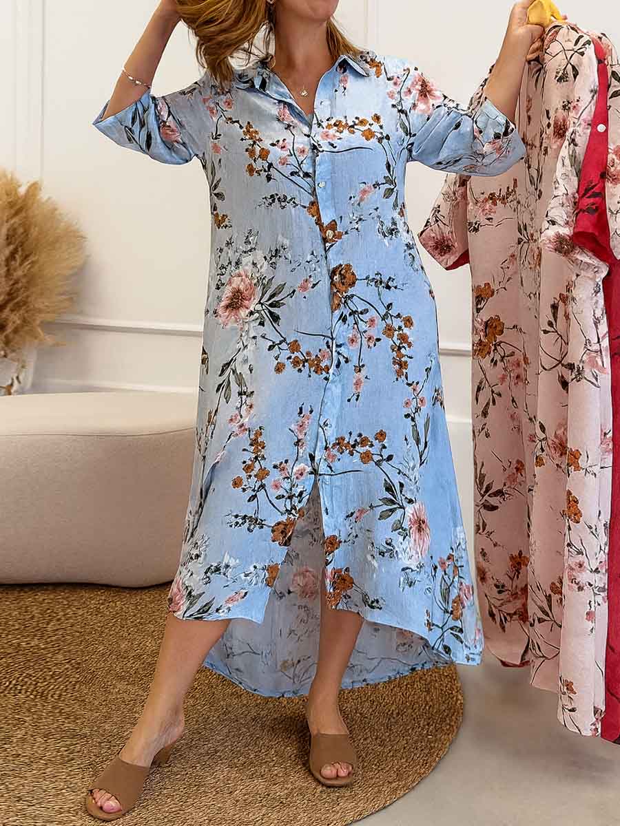 Women's Floral Print Lapel Long Sleeve Casual Loose Shirt Dress