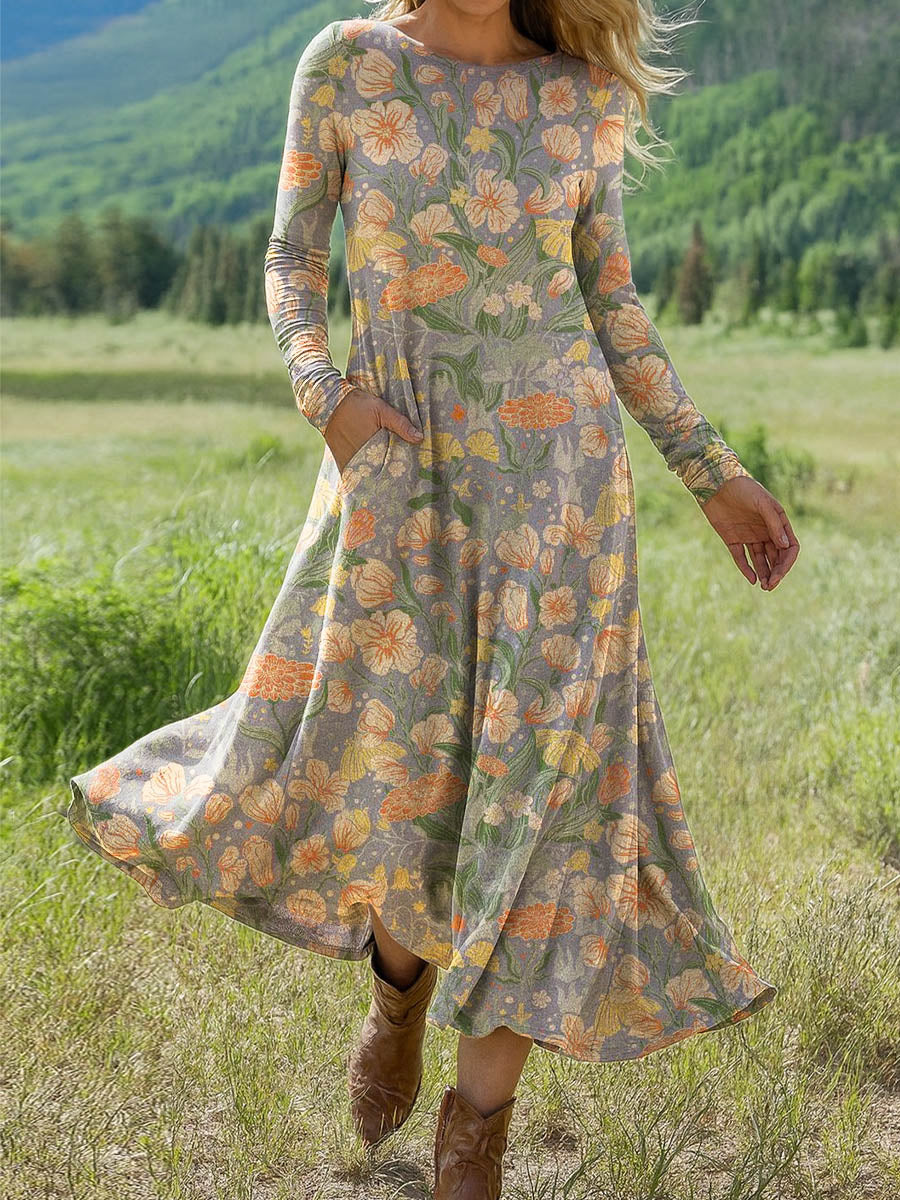 Women's Retro Floral Art Print Long-sleeved Dress