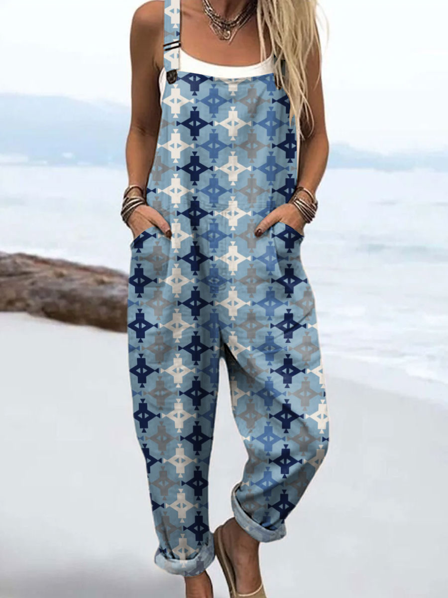 Women's Colorblock Geometric Art Print Casual 100% Cotton Wide Leg Jumpsuit