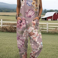 Women's  Vintage Flower Art Print Casual 100% Cotton Wide Leg Jumpsuit