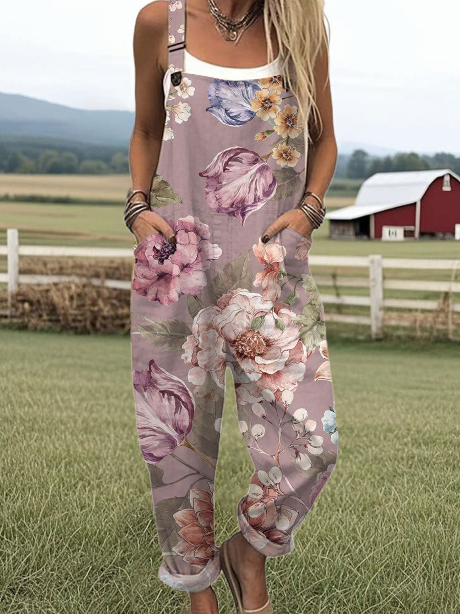 Women's  Vintage Flower Art Print Casual 100% Cotton Wide Leg Jumpsuit