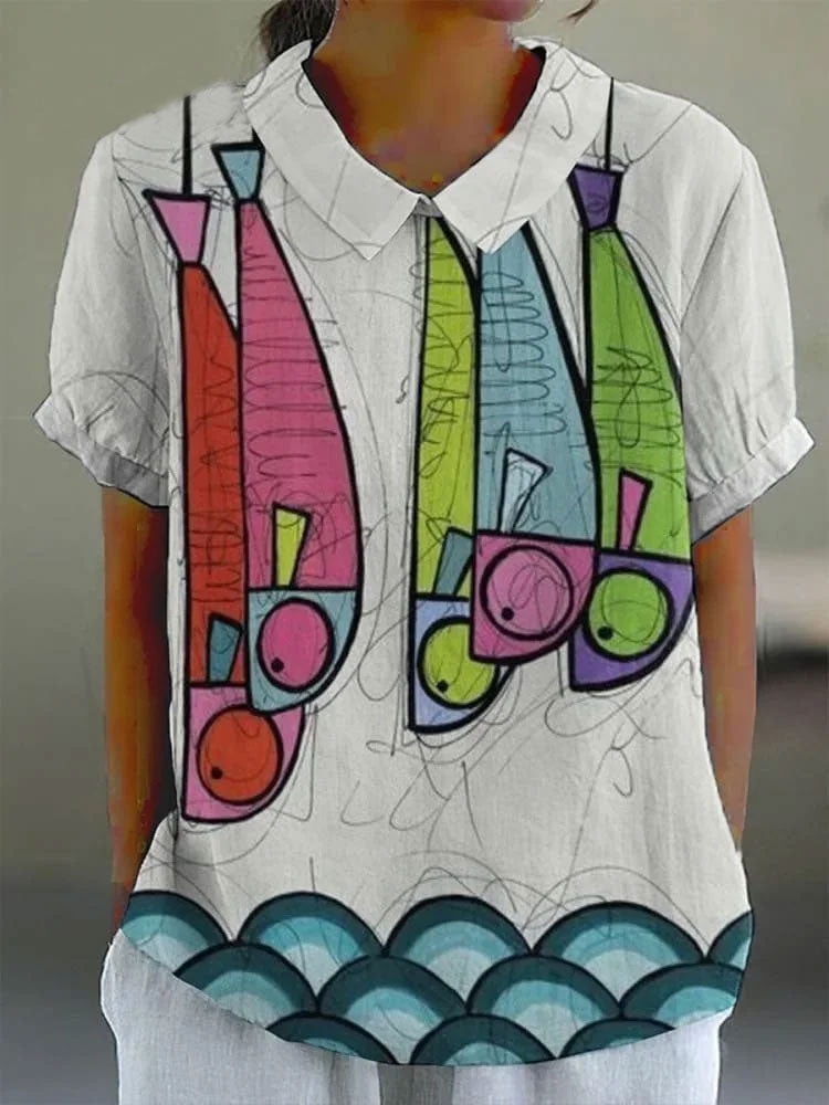 Women's Fish Art  Print Casual Cotton And Linen Shirt