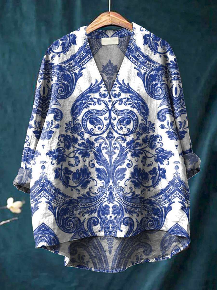 Ethnical Style Symmetrical Pattern Printed Women's Casual Cotton And Linen V-neck Shirt